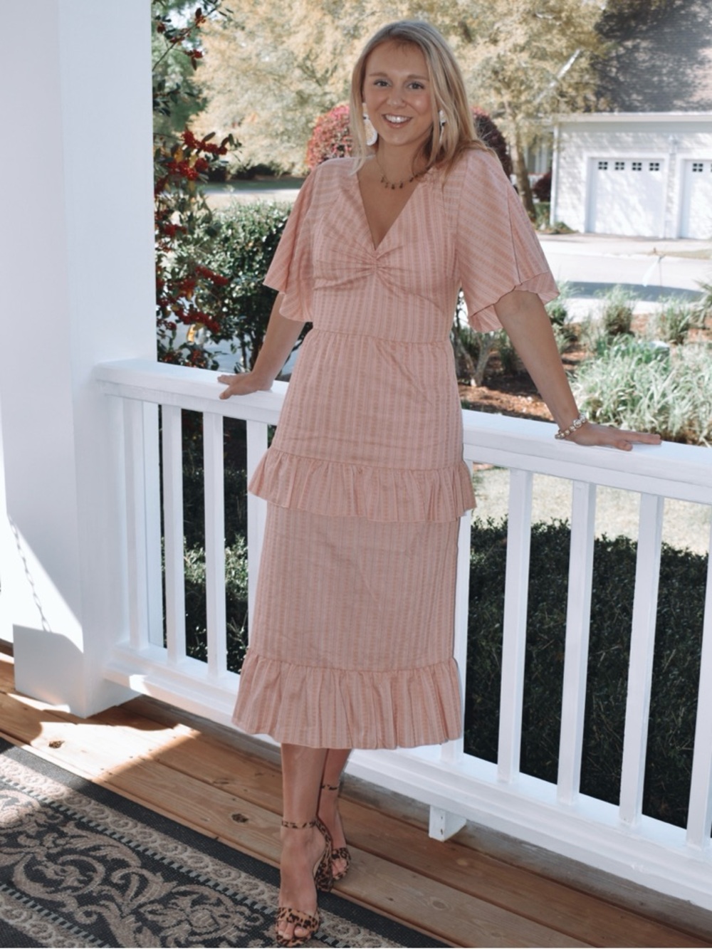 Tularosa Peach-Pink Midi Dress with Ruffle Tiers